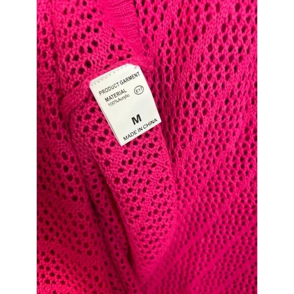 Pink Long Sleeve Crochet Knit Dress Sheer Cover-Up Size Medium New Without Tag's - Picture 6 of 7